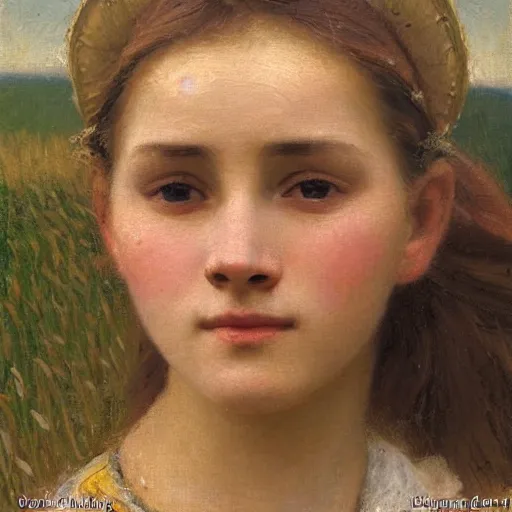 Image similar to a detailed, intricate oil painting close - up portrait of a ukrainian peasant girl in a field of grain, by william adolphe bougereau