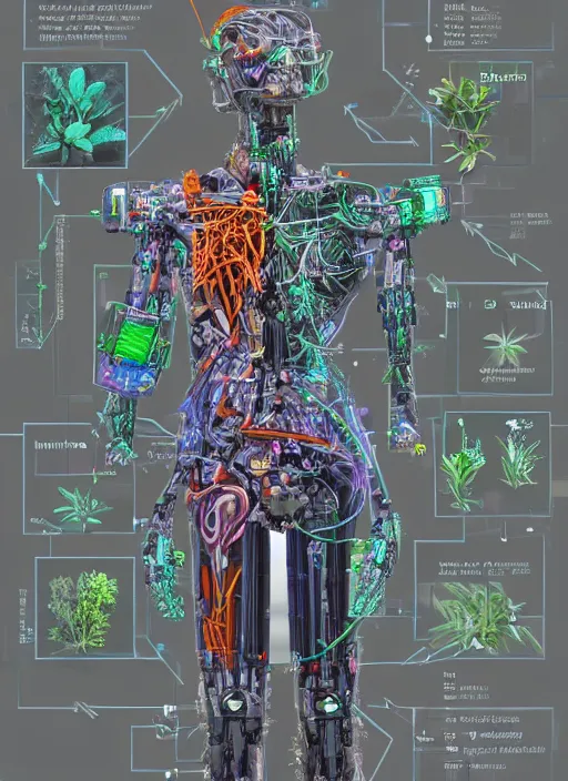 Prompt: a hybrid humanoid cyborg built with cybernetic material and wood, herbs and multicolored flowers, hyperspectral imaging, multispectral imaging, perspective, colorful, spectral color, refractive,