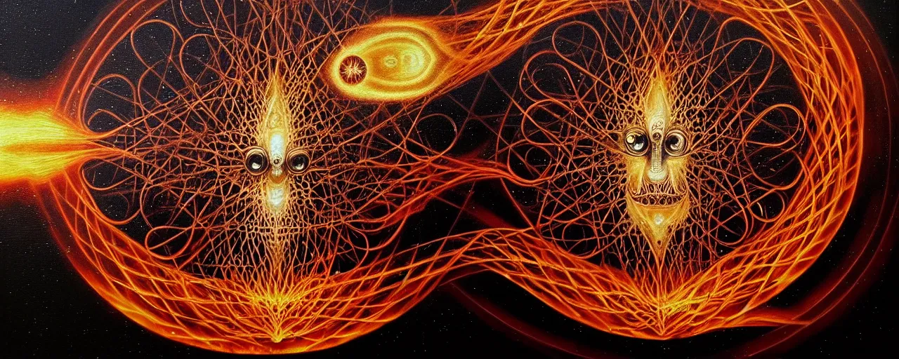 Image similar to a strange fire creature with endearing eyes radiates a unique canto'as above so below'while being ignited by the spirit of haeckel and robert fludd, breakthrough is iminent, glory be to the magic within, in honor of saturn, dark detailed oil painting by ronny khalil