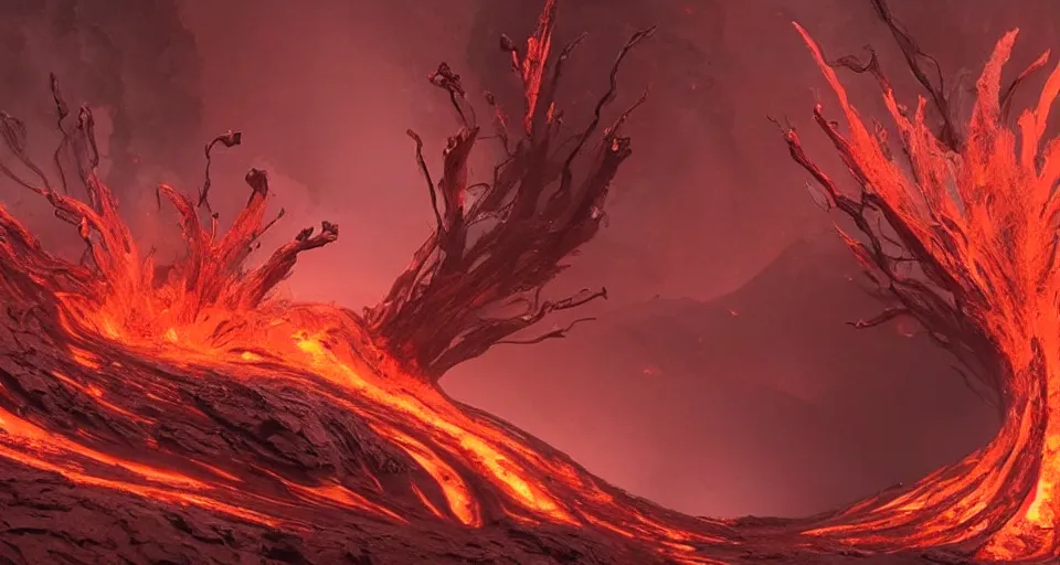 Image similar to a volcano made of ivory vines and crimson rocks enters in eruption, it spits a smoke in the shape of demonic eye, by Disney Concept Artists