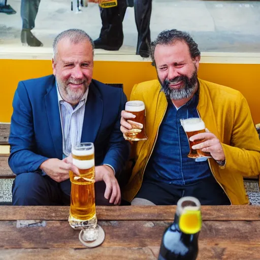 Image similar to Cedric Jubilar and Xavier dupont de ligones having a beer, award winning photography