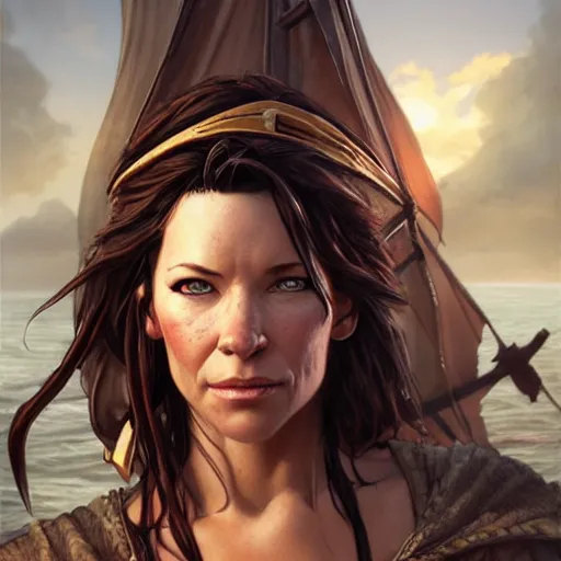 Image similar to evangeline lilly as a pirate, digital illustration, by artgerm and greg rutkowski,