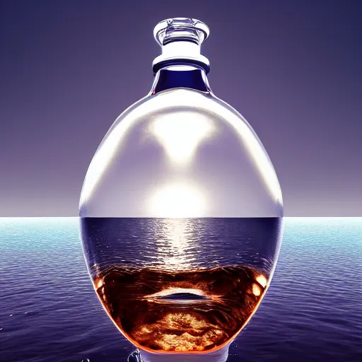 Image similar to surreal 3 d art of a human head in a bottle, on the ocean water, futuristic, glowing, hyper realistic, ray tracing, realistic water splashes, sharp focus, long shot, 8 k resolution, cinematic, photoshop art