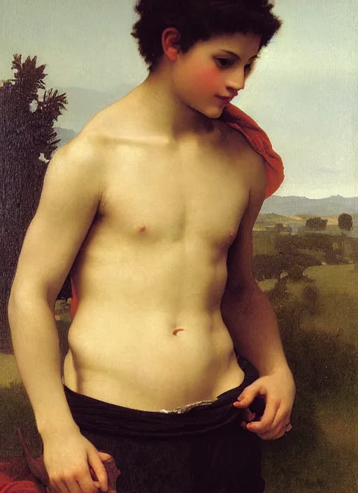 Image similar to a young man holding the head of a monster, climbing a hill in front of a crowd, extremely realistic and highly detailed painting by william - adolphe bouguereau and caravaggio, soft light, gold ratio