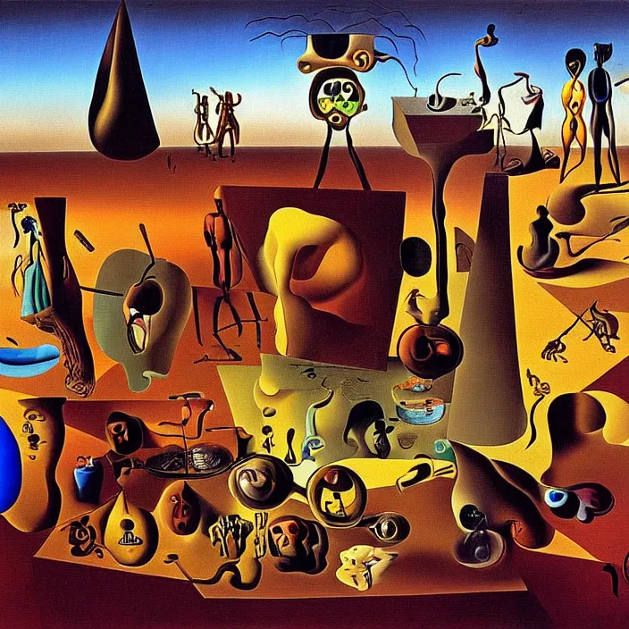 Image similar to a group of characters and random objects in a surreal environment by salvador dali