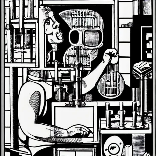 Prompt: a black and white drawing of a man in a lab, a mid - nineteenth century engraving by eduardo paolozzi, behance, les automatistes, concert poster, poster art, tarot card