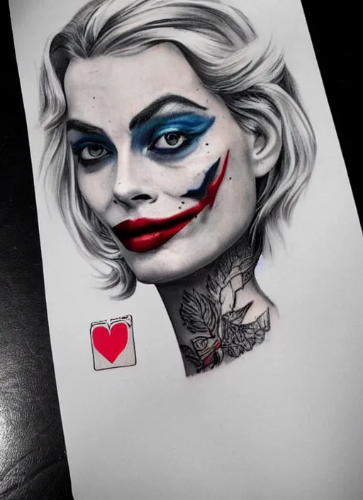 Image similar to tattoo design sketch of beautiful margot robbie portrait with joker makeup, holding an ace card, in the style of den yakovlev, realistic face, black and white, realism tattoo, hyper realistic, highly detailed