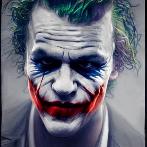 Image similar to cinematic portrait of heath ledger as the joker, perfect face, neon rain, moody, elegant, by alyssa monks, highly detailed, symmetrical face, fine details, masterpiece, trending on artstation