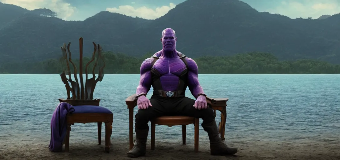 Image similar to a very high resolution image from a new movie. thanos sitting on chair in a lake, photorealistic, photography, directed by wes anderson