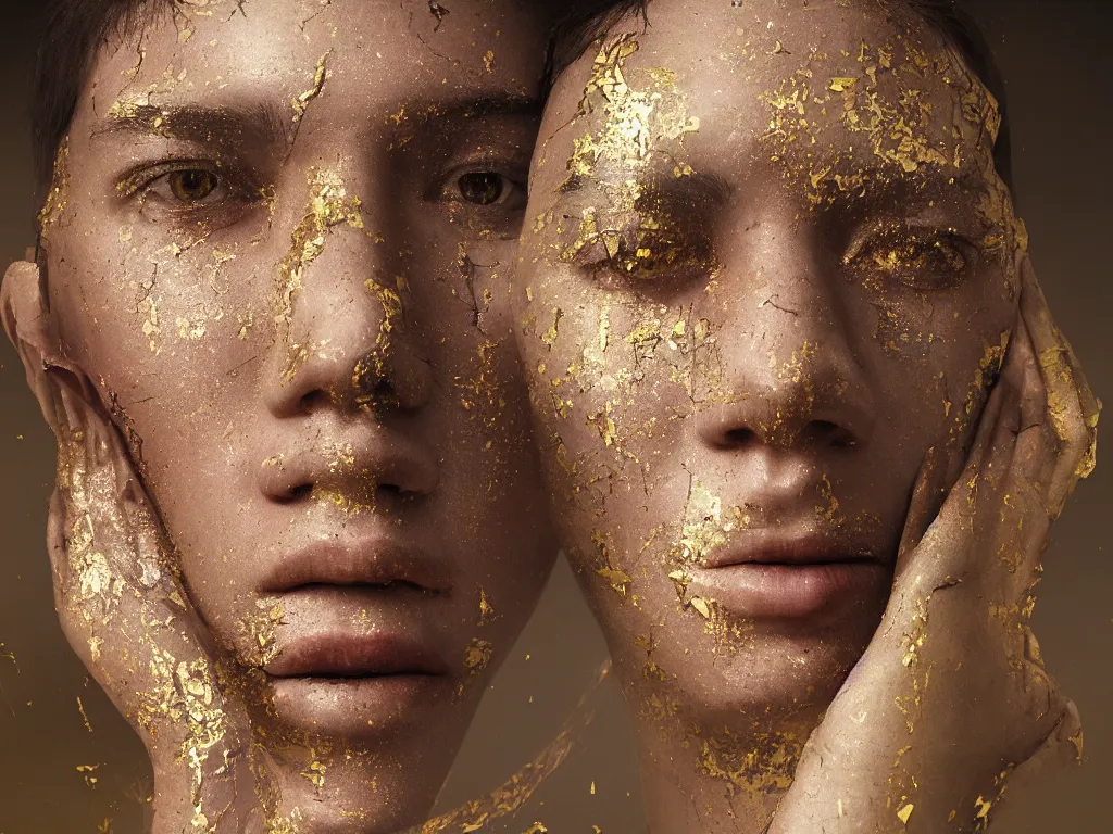 Prompt: a beautiful hyperrealistic rendering portrait of a human being with kintsugi reparied pottery cracks of gold on their face, rendering, cryengine, deep colors, deep lush vivid colors, vray render, cgsociety