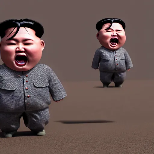 Image similar to kim jong un doll screaming at jimin octane render