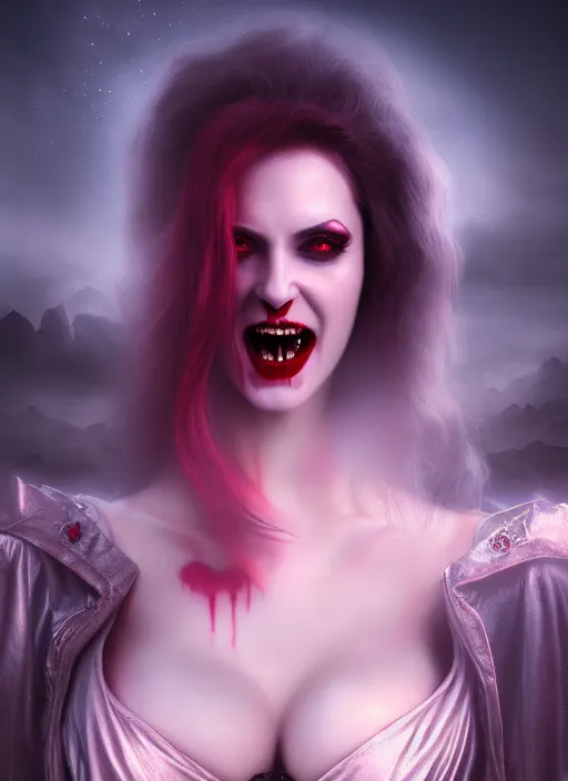 Prompt: realistic matte painting, full length portrait, the vampire duchess of blood owns las vegas at night, fangs, pale, highly detailed, CGsociety, concept art, HDR, hyper realistic, volumetric lighting, subsurface scattering, unreal,