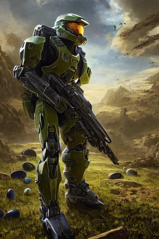 Image similar to master chief from halo picking up easter eggs, picking up easter eggs, oil on canvas, intricate, 8 k highly professionally detailed, hdr, cgsociety