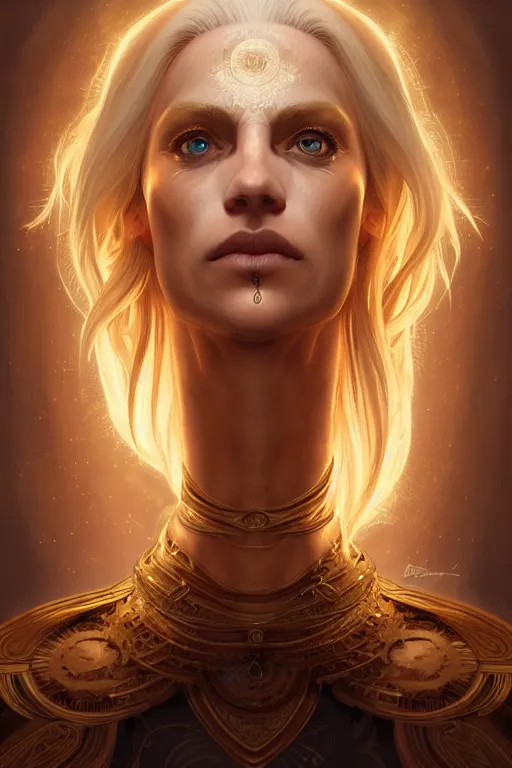 Prompt: symmetry!! portrait of a middle aged blonde haired woman in the style of god of war, golden machine parts embedded into face, intricate, elegant, highly detailed, digital painting, artstation, concept art, smooth, sharp focus, illustration, art by artgerm and greg rutkowski and alphonse mucha, 8 k