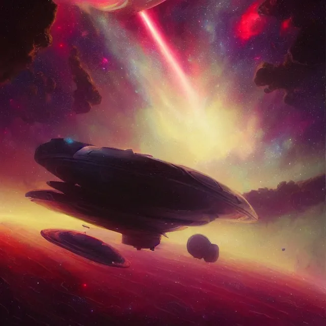 Prompt: a beautiful painting of a space ship in the nebula by john harris and simon stalenhag and hubble space telescope and greg rutkowski and paul lehr. in style of oil on canvas. ultra realistic, hyper detailed. ray tracing. 4 k texture. deep sky photography. octane render. trending on artstation