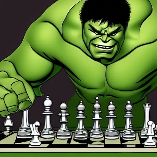 Prompt: hulk playing chess against a human, digital art