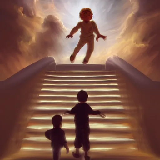 Prompt: a man with his children going into heaven through the stairs which connect heaven and hell , concept art trending on artstation, glowing effect, golden ratio, rule of thirds, illustration, digital painting, hyperreal, hyperdetailed, 8k