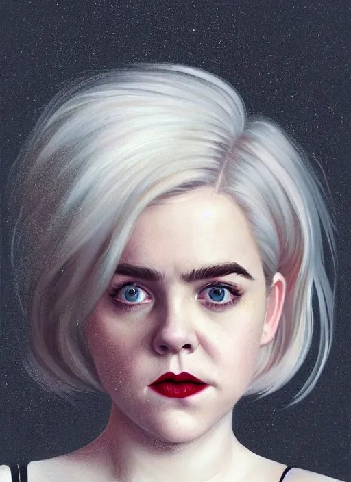 Image similar to full body portrait, kiernan shipka as sabrina spellman, white hair, obese, bangs, sultry, realistic, sultry smirk, fluffy bangs, freckles, fat, belly, intricate, elegant, highly detailed, digital painting, artstation, concept art, smooth, sharp focus, illustration, art by wlop, mars ravelo and greg rutkowski