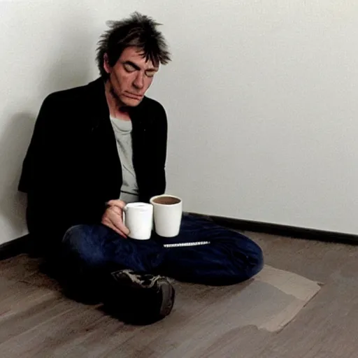 Image similar to a man sitting on the floor with a cup of coffee, an album cover by John Cale, tumblr, neo-figurative, movie still, wiccan, 1990s