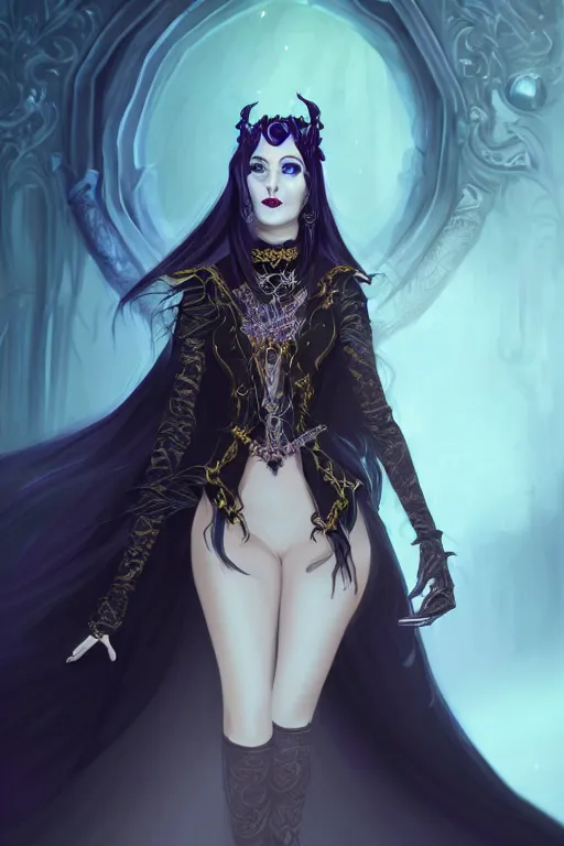 Image similar to portrait of a gorgeous female warlock, looking at camera, D&D, choker on neck, stylish dark dress, arcane symbols, mouth slightly open, very long flowing hair, intricate, elegant, stylish, cute slightly nerdy smile, fantasy, extremely detailed, digital painting, artstation, concept art, smooth, sharp focus, illustration, stunning lighting, art by artgerm and greg rutkowski and alphonse mucha and simon stalenhag