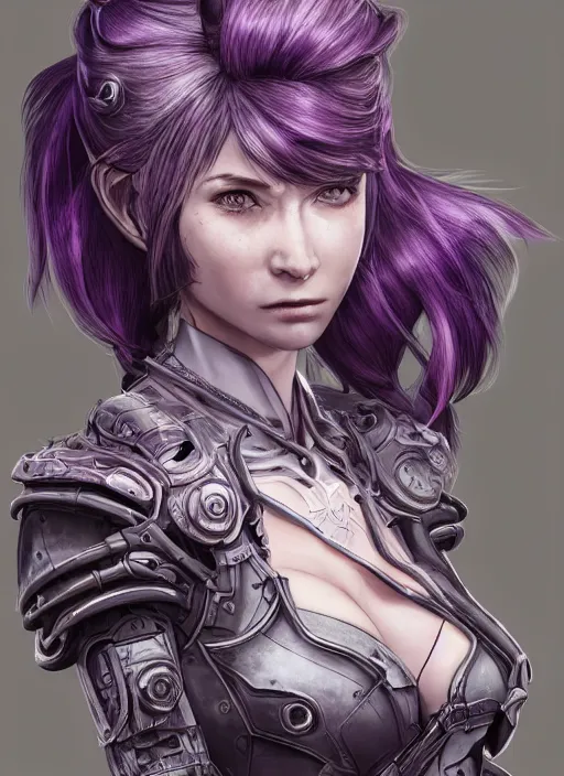 Image similar to portrait of a pale woman in power armor with purple ponytail hair, elegant, stoic, intense, ultrafine hyperdetailed illustration by kim jung gi, irakli nadar, intricate linework, sharp focus, bright colors, octopath traveler, final fantasy, hearthstone, highly rendered, global illumination, radiant light, detailed, intricate environment