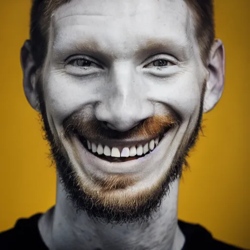 Image similar to photo of a skinny tall ginger men with enormous yellow crooked teeth, ugliest man alive, 8 5 mm, f / 1. 3