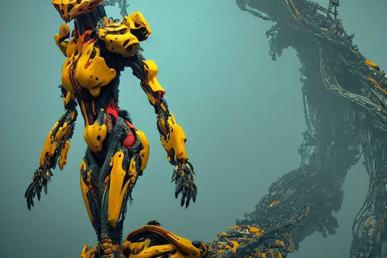 Prompt: portrait of a posed hyper detailed yellow scrounger evangelion realistic mechanical and fleshy organic creature similar look as horizon forbidden west horizon zero dawn bioluminiscence in a dark deep forest at dawn in spring, with reflection and textures, by kilian eng, substance painter reaslitic mech surface metal painted scratches