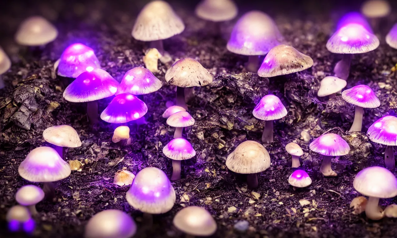 Prompt: a macro shot of bioluminescent mushrooms mushrooms, dof, 4k, bokeh, acid pixie acid pixie, mystic hues