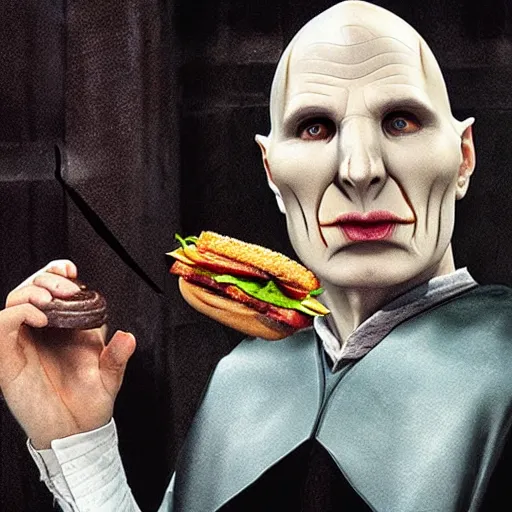 Image similar to Lord Voldemort eating a cheeseburger, photo realistic, award-winning, highly-detailed, epic, cinematic, dramatic