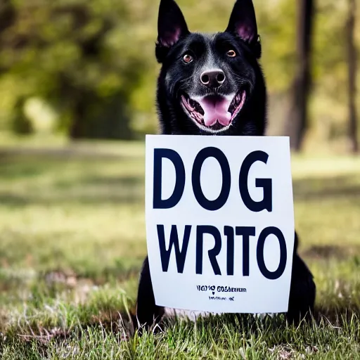 Prompt: professional photo of a dog holding a sign with a nuclear radiation warning on it