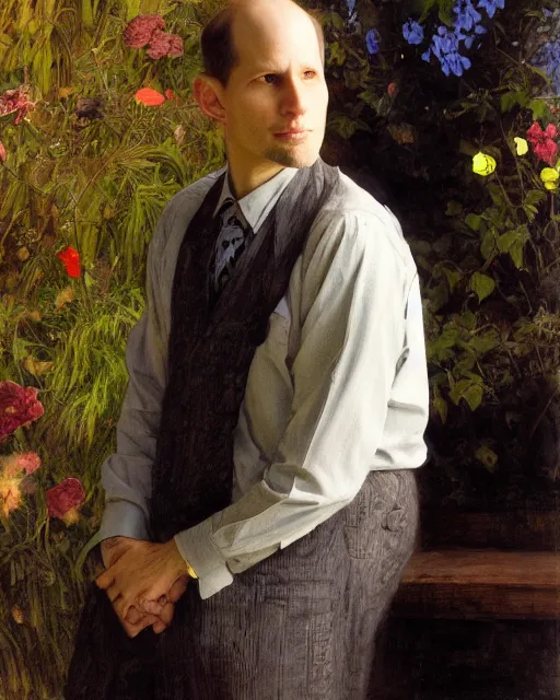 Image similar to nick bostrom, portrait painting by richard schmid, edgar maxence, kehinde wiley, thomas moran, maxfield parrish, studio ghibli, loish, alphonse mucha, fashion photography