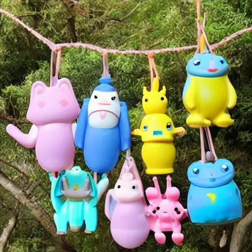 Image similar to some cute plastic toys that look like animal characters hanging laundry in the backyard, pastel colors