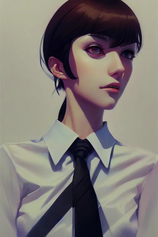 Prompt: a ultradetailed beautiful portrait panting of a stylish woman wearing a shirt with a tie, by ilya kuvshinov, greg rutkowski and makoto shinkai, trending on artstation