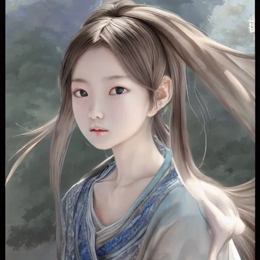 Prompt: dynamic composition, motion, ultra-detailed, incredibly detailed, a lot of details, amazing fine details and brush strokes, colorful and grayish palette, smooth, HD semirealistic anime CG concept art digital painting, watercolor oil painting of a Chinese schoolgirl, by a Chinese artist at ArtStation, by Huang Guangjian, Fenghua Zhong, Ruan Jia, Xin Jin and Wei Chang. Realistic artwork of a Chinese videogame, gradients, gentle an harmonic grayish colors.