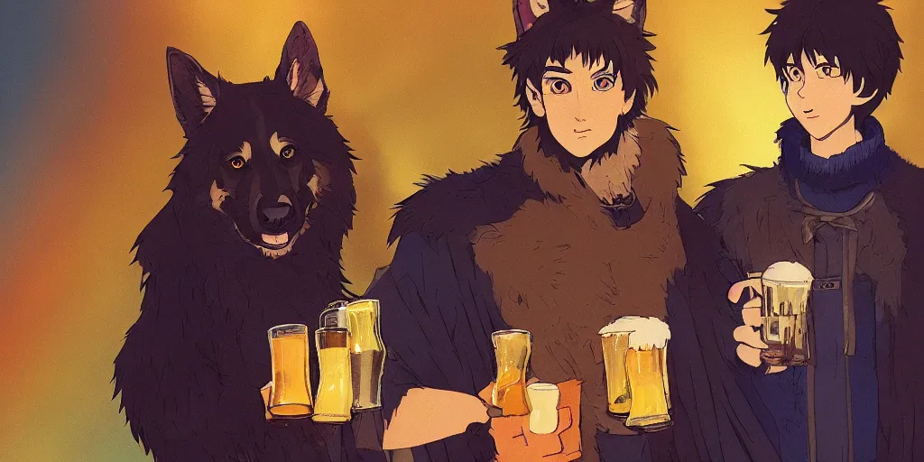 Image similar to a two german shepherds beast - men, holding a mug of beer, a lot of pockets, fur cape, tavern background, magical, bright, colorful, fantastic lighting, amazing details, 4 k uhd, illustration by hayao miyazaki and makoto shinkai and ilya kuvshinov, artstation, pixiv,