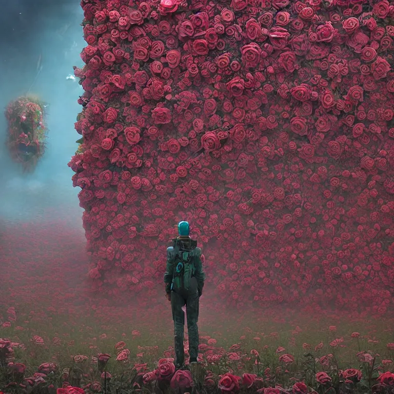 Prompt: A person standing in front of a, portal made of roses, cyberpunk, epic surrealism, Detailed digital matte painting in the style of simon stalenhag and Bev dolittle Zdzislaw Beksinski, Greg Hildebrandt artstation