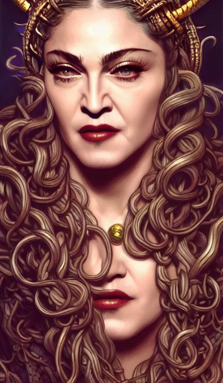 Image similar to Madonna, the singer, as Medusa snakehair closeup, D&D, fantasy, intricate, elegant, highly detailed, digital painting, artstation, concept art, matte, sharp focus, illustration, hearthstone, art by Artgerm and Greg Rutkowski and Alphonse Mucha tarotcard