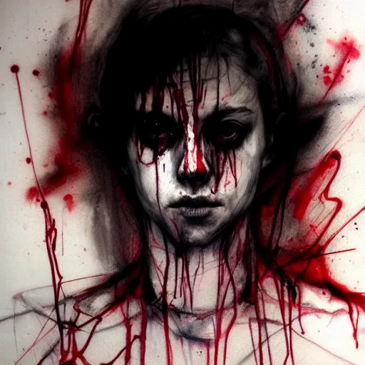 Prompt: Portrait of Belial. fear inspiring mood. by Agnes Cecile but in charcoal and blood. on a pergament parchment.
