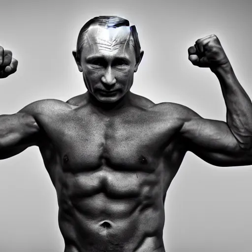 Prompt: vladimir putin sigma male, megachad, grindset, muscular, black and white image, powerful jaw, smiling, 8 k, professional portrait photography