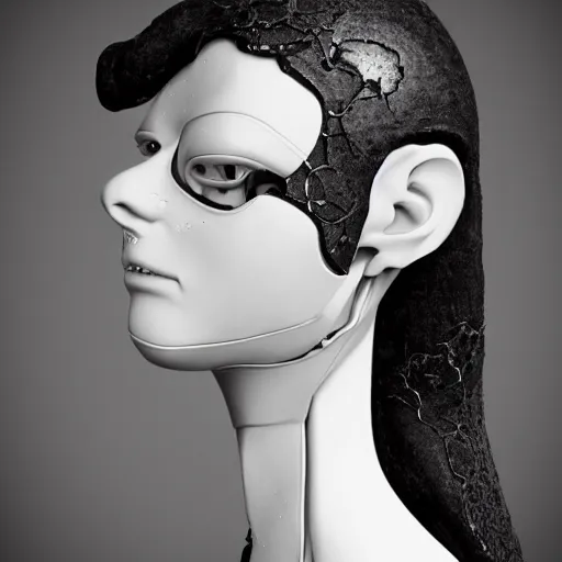 Image similar to black and white dreamy foggy smoky profile face portrait, single skeletal biomechanical beautiful young female cyclops - cyborg - robot bust, body ribs meshes,, volumetric light, rim light, by dora maar and cecile beaton, big gothic fashion pearl embroidered collar, 8 k