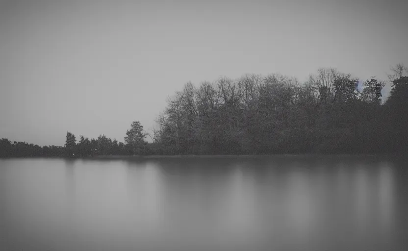 Prompt: something happened, lake, mystic, analogue photo quality, blur, focus unfocus, monochrome, 35mm