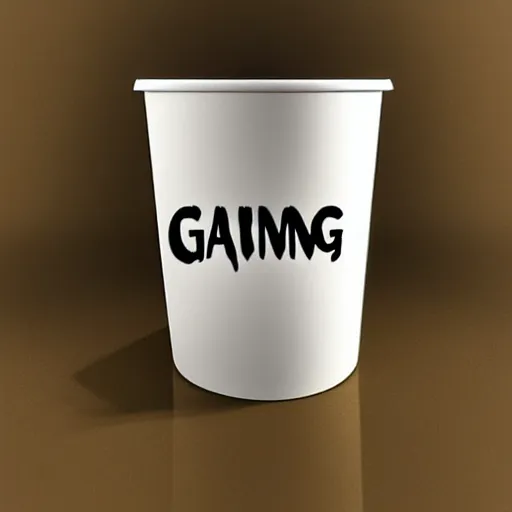 Prompt: a cup with a skeleton saying'gaming '!!!!! on it,'gaming '!!!!!