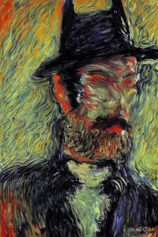 Prompt: Batman portrait impresionism painting by Claude Monet, night