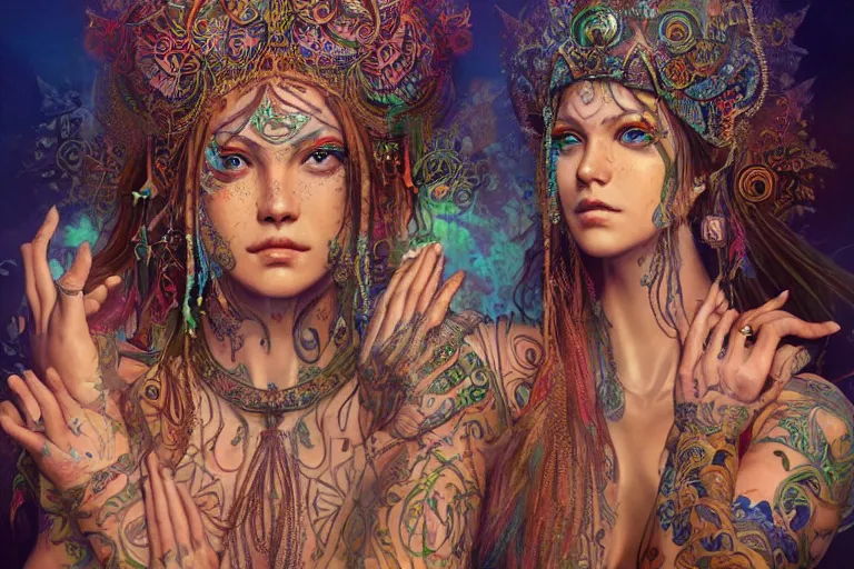 Image similar to a centered render of a harem alluring festival hippies with tribal tattoos surrounded by a underwater ink pour and flowing liquid galium and sacred geometry, perfect body face and hands, powerful, cinematic, beautifully lit, by artgerm, by karol bak, by donato giancola, 3 d, trending on artstation, octane render, 8 k