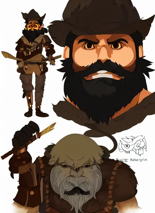 Image similar to bugbear ranger, black beard, dungeons and dragons, hunters gear, flames, character design on white background, by studio ghibli, makoto shinkai