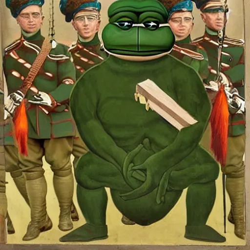 Image similar to pepe the frog in ww 1 military parade, schirmmutzen, pickelhaube, painting by sandro botticelli and leonardo da vinci, uncropped