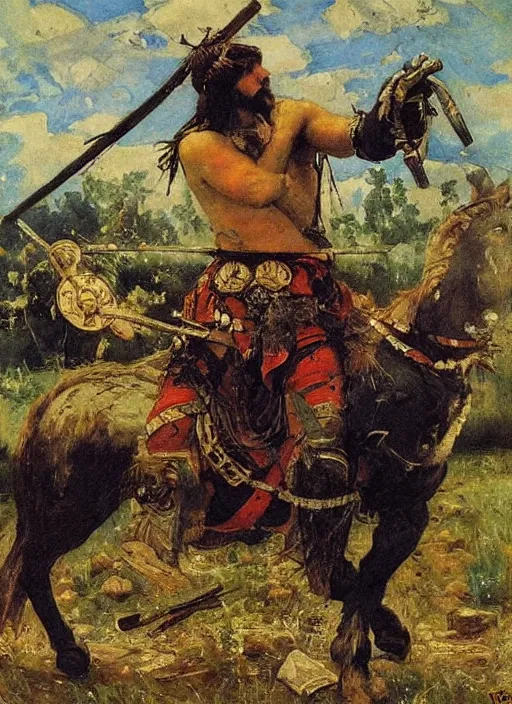 Image similar to warrior inspired a painting Heroes (Bogatyri) Viktor Vasnetsov