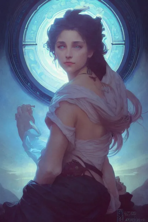 Image similar to bright cube above a portrait of a beautiful dark mystical woman, ice blue eyes, artstation, concept art, smooth, sharp focus, illustration, art by artgerm and greg rutkowski and alphonse mucha and william - adolphe bouguereau