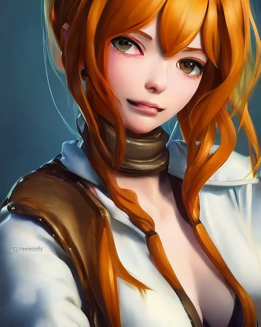 Prompt: portrait Nami the Burglar girl cute-fine-face, pretty face, realistic shaded Perfect face, fine details. Anime. realistic shaded lighting by Ilya Kuvshinov Giuseppe Dangelico Pino and Michael Garmash and Rob Rey, IAMAG premiere, aaaa achievement collection, elegant freckles, fabulous