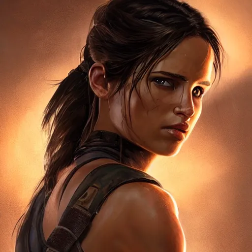 Image similar to Portrait Lara Croft, Tomb Raider, Alicia Vikander, beautiful, 4k oil on linen by wlop, artgerm, andrei riabovitchev, nuri iyem, james gurney, james jean, greg rutkowski, highly detailed, soft lighting 8k resolution